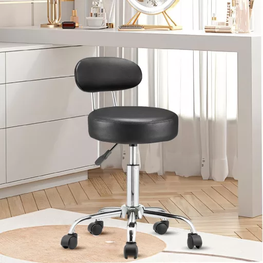 Ergonomska črna kozmetična stolica z nastavljivo višino in naslonjalom