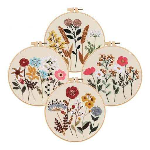 Začetni komplet za vezenje s 4 vzorci, iglami, nitmi in obročem