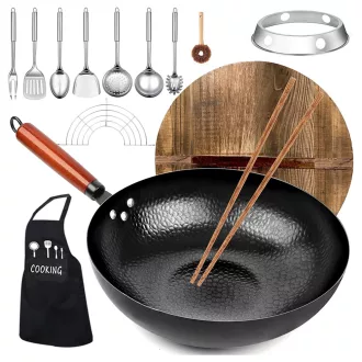 Wok ponva z kuhinjskimi pripomočki