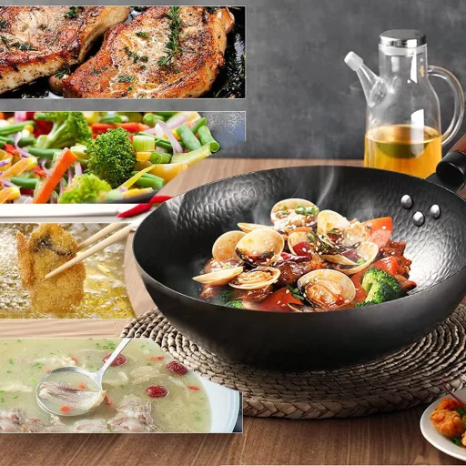 Wok ponva z kuhinjskimi pripomočki