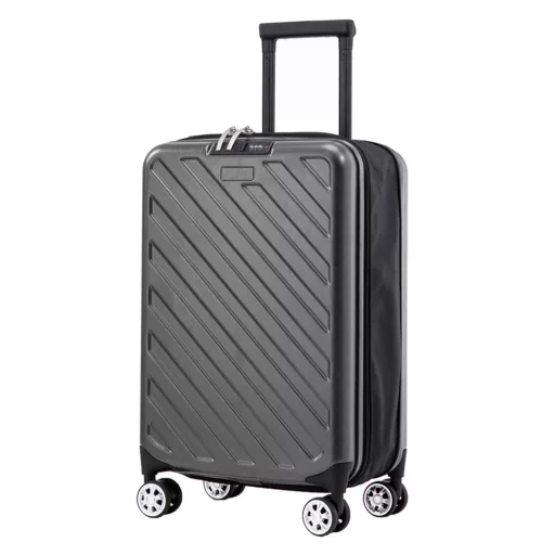 Zložljiv temno sivi kovček, kapaciteta 36L, material PC+ABS, aluminijast ročaj, kolesa premera 5 cm