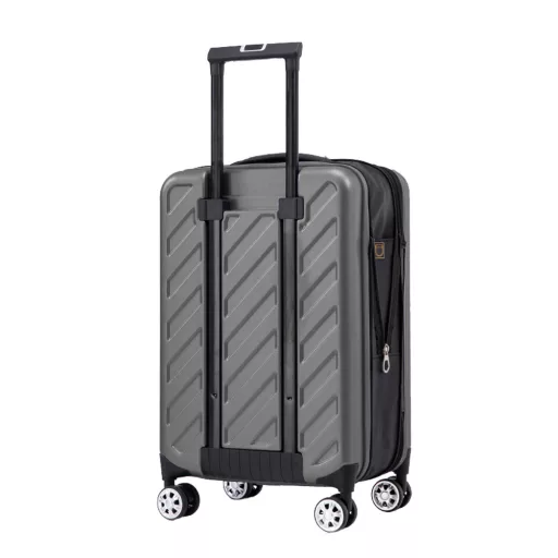 Zložljiv temno sivi kovček, kapaciteta 36L, material PC+ABS, aluminijast ročaj, kolesa premera 5 cm