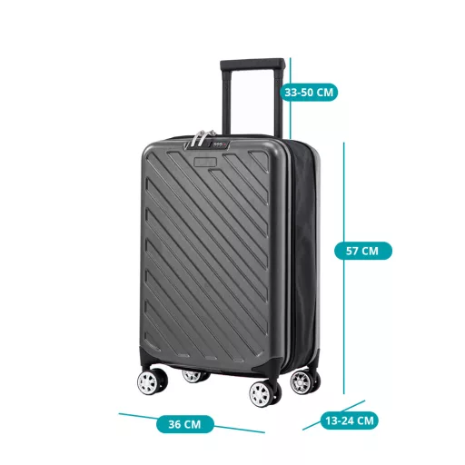 Zložljiv temno sivi kovček, kapaciteta 36L, material PC+ABS, aluminijast ročaj, kolesa premera 5 cm