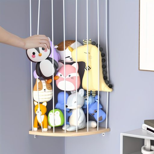 Nosilec plišastih igrač na vogalu, pritrjen na steno - prostorsko varčna shramba za otroško sobo