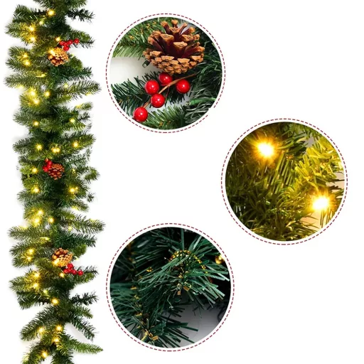 Božični venec z 100 toplimi LED lučkami, 2,7 m