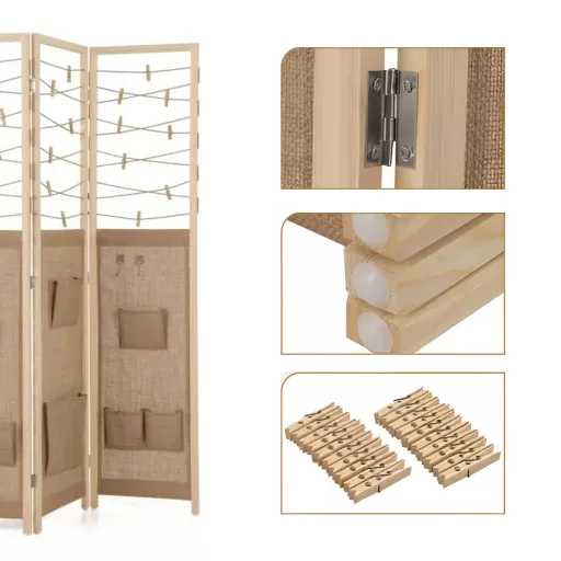 3-panel pregradnik prostora z 8 shranjevalnimi žepi in 4 kljukami, naraven