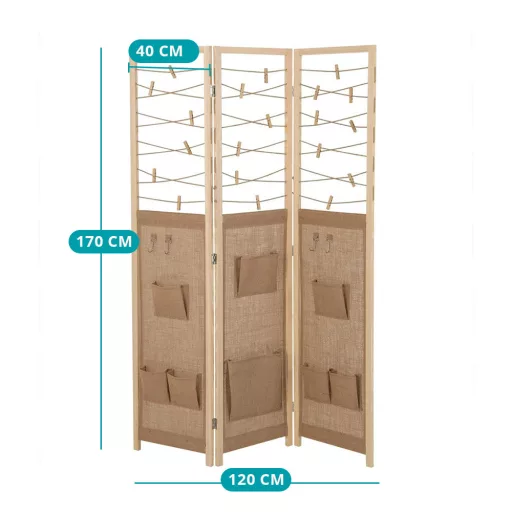 3-panel pregradnik prostora z 8 shranjevalnimi žepi in 4 kljukami, naraven