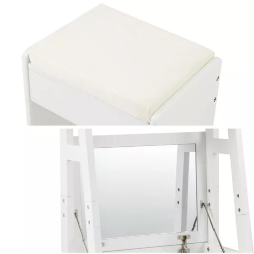Ozek beli make-up miza z ogledalom in stolom, 60 x 40 x 180 cm, 2 police in 6 shranjevalnih predelkov