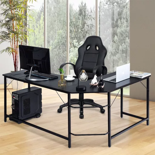 Moderna L-oblikovana kotna miza z premičnim nosilcem za CPU - črna