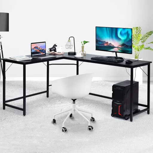 Moderna L-oblikovana kotna miza z premičnim nosilcem za CPU - črna
