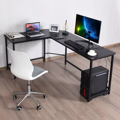 Moderna L-oblikovana kotna miza z premičnim nosilcem za CPU - črna