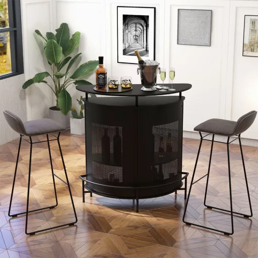 Moderna polkrožna domača bar s praktično shrambo in jeklenim okvirjem