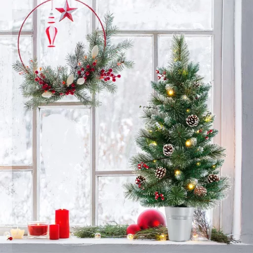 Okrašena umetna božična jelka z 20 toplimi LED lučmi, 90 cm