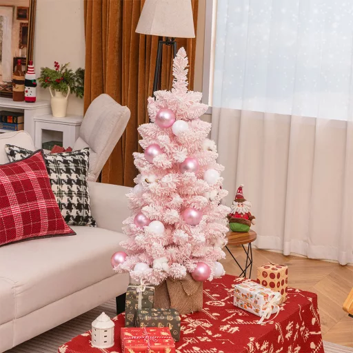 Snežna umetna božična jelka z okraski 90 cm roza