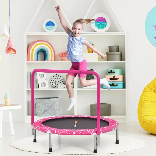Zložljiv otroški trampolin z ročajem, roza
