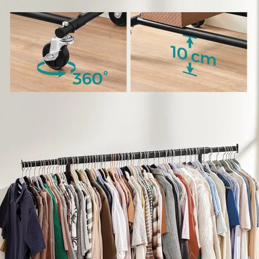 Nastavljiv višinski premični nosilec oblačil - črn, nosilnost 90 kg, razširljiv 92-132 cm